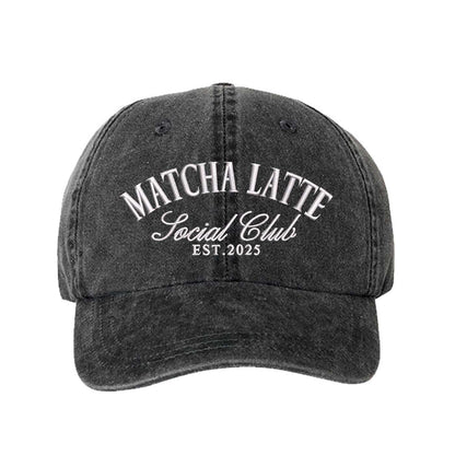 Black Matcha Latte Social Club Est. 2025 washed cotton baseball hat with premium green embroidery by DSY Lifestyle. - DSY Lifestyle