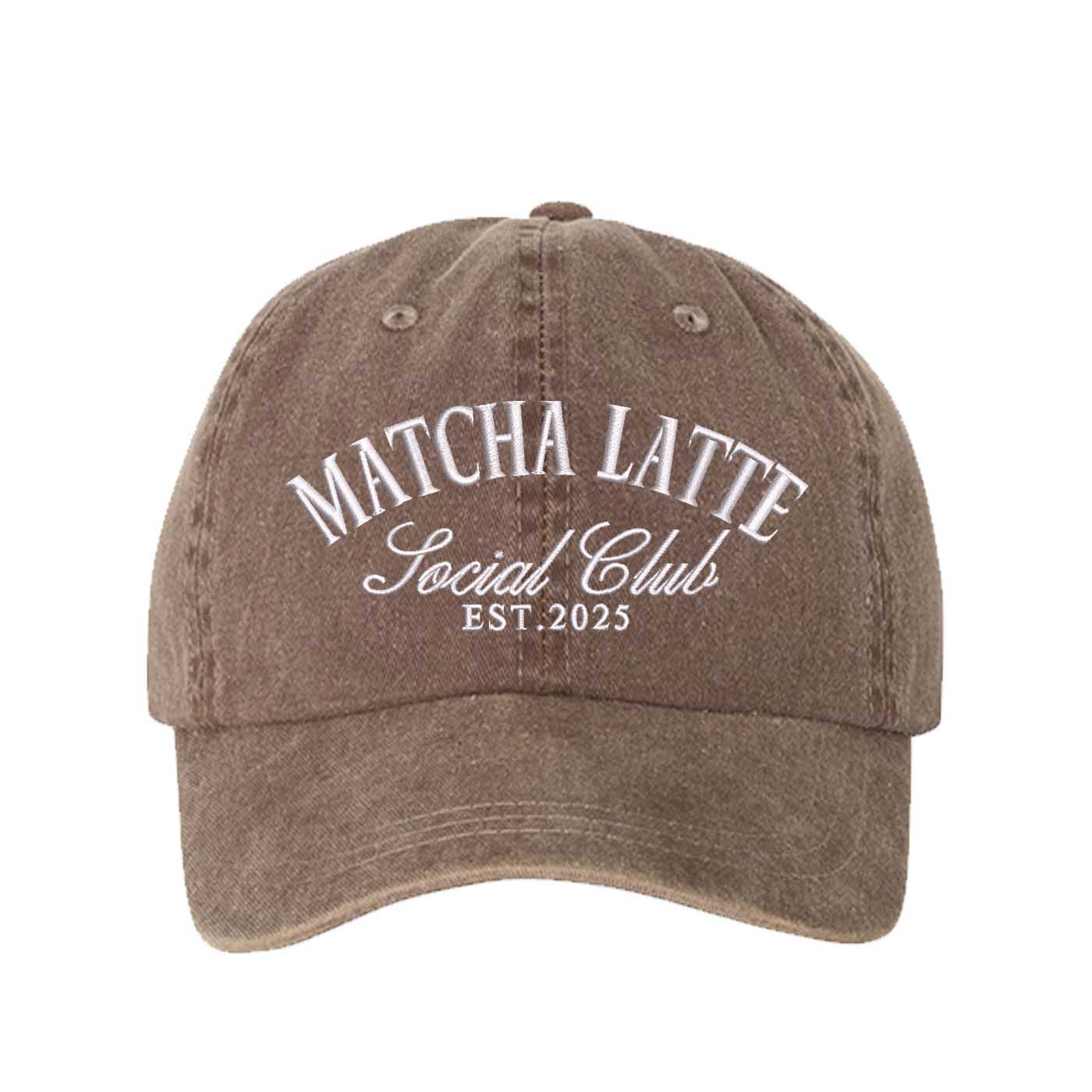 Chocolate Brown Matcha Latte Social Club Est. 2025 washed cotton baseball hat with premium green embroidery by DSY Lifestyle. - DSY Lifestyle