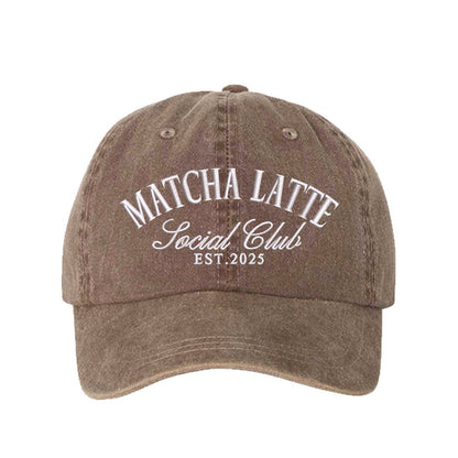 Chocolate Brown Matcha Latte Social Club Est. 2025 washed cotton baseball hat with premium green embroidery by DSY Lifestyle. - DSY Lifestyle