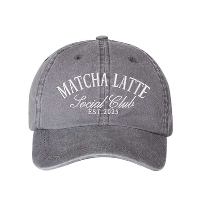 Gray Matcha Latte Social Club Est. 2025 washed cotton baseball hat with premium green embroidery by DSY Lifestyle. - DSY Lifestyle