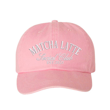 Light Pink Matcha Latte Social Club Est. 2025 washed cotton baseball hat with premium green embroidery by DSY Lifestyle. - DSY Lifestyle