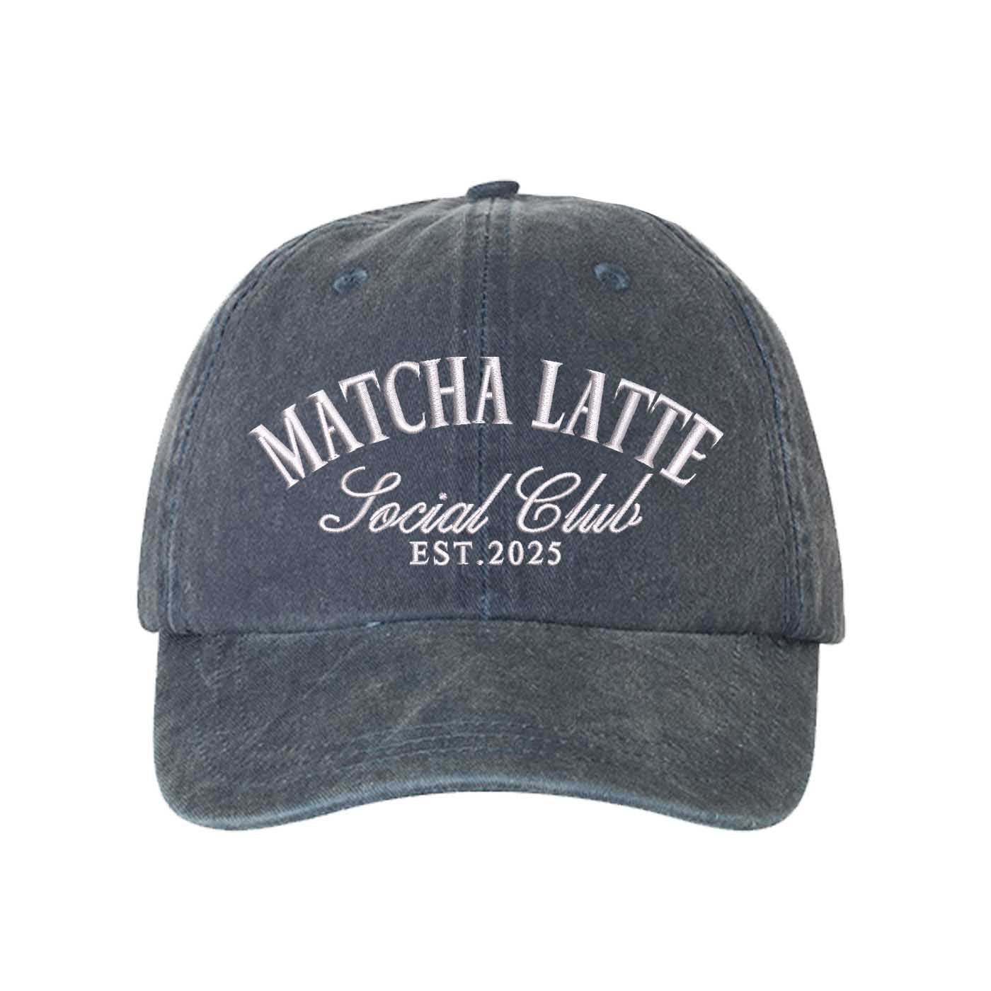 Navy Blue Matcha Latte Social Club Est. 2025 washed cotton baseball hat with premium green embroidery by DSY Lifestyle. - DSY Lifestyle