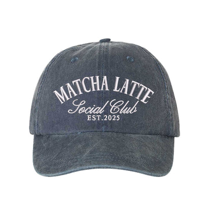 Navy Blue Matcha Latte Social Club Est. 2025 washed cotton baseball hat with premium green embroidery by DSY Lifestyle. - DSY Lifestyle