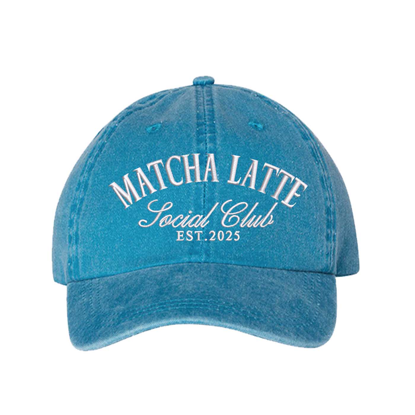 Turquoise Matcha Latte Social Club Est. 2025 washed cotton baseball hat with premium green embroidery by DSY Lifestyle. - DSY Lifestyle