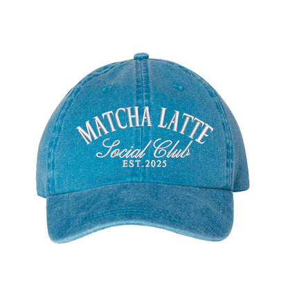 Turquoise Matcha Latte Social Club Est. 2025 washed cotton baseball hat with premium green embroidery by DSY Lifestyle. - DSY Lifestyle