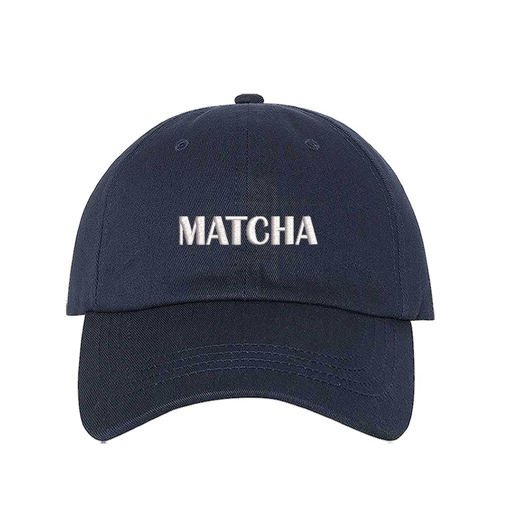 Navy Blue Matcha embroidered baseball hat in a soft cotton with high-density white embroidery by DSY Lifestyle.