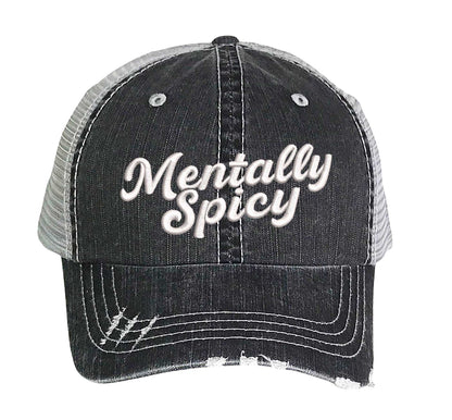 Black Mentally Spicy embroidered distressed trucker hat for women. Bold statement hat for casual outfits, street style, and everyday wear. - DSY Lifestyle
