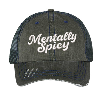 Dark Green Mentally Spicy embroidered distressed trucker hat for women. Bold statement hat for casual outfits, street style, and everyday wear. - DSY Lifestyle