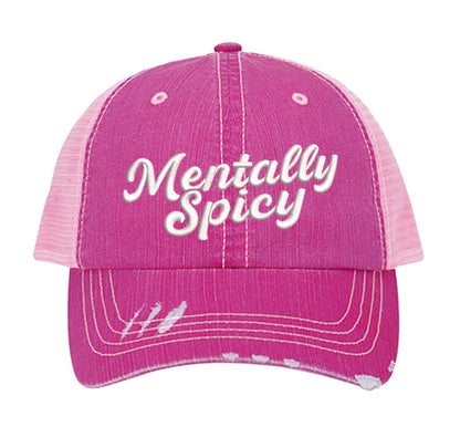 Hot Pink Mentally Spicy embroidered distressed trucker hat for women. Bold statement hat for casual outfits, street style, and everyday wear. - DSY Lifestyle