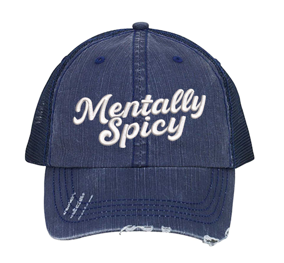 Navy Blue Mentally Spicy embroidered distressed trucker hat for women. Bold statement hat for casual outfits, street style, and everyday wear. - DSY Lifestyle