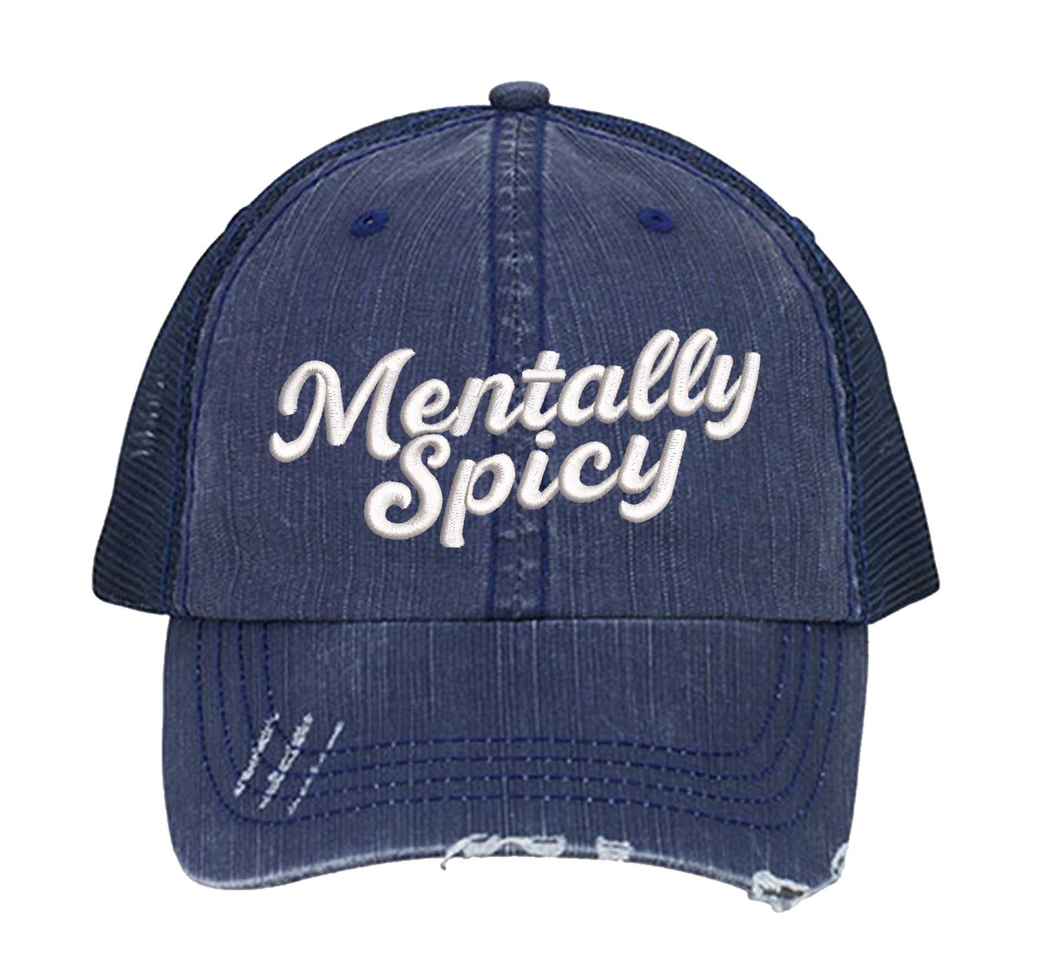 Navy Blue Mentally Spicy embroidered distressed trucker hat for women. Bold statement hat for casual outfits, street style, and everyday wear. - DSY Lifestyle