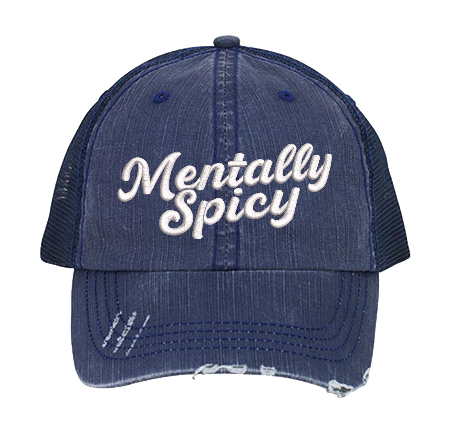 Navy Blue Mentally Spicy embroidered distressed trucker hat for women. Bold statement hat for casual outfits, street style, and everyday wear. - DSY Lifestyle