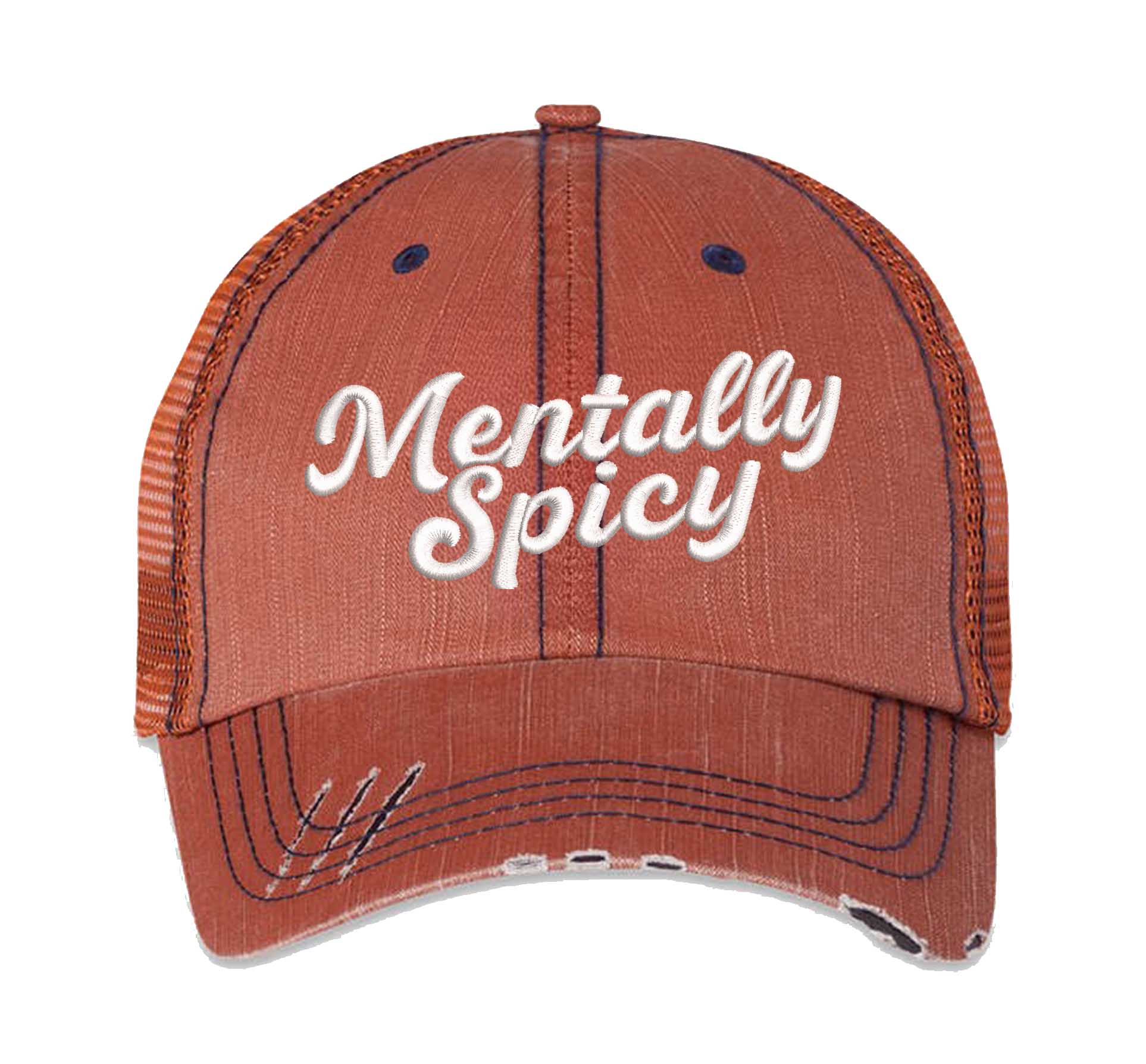 Orange Mentally Spicy embroidered distressed trucker hat for women. Bold statement hat for casual outfits, street style, and everyday wear. - DSY Lifestyle