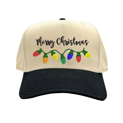 Natural Black Merry Christmas Lights Two Tone 5-Panel Embroidered Baseball Hat featuring colorful Christmas light embroidery and snapback closure – DSY Lifestyle