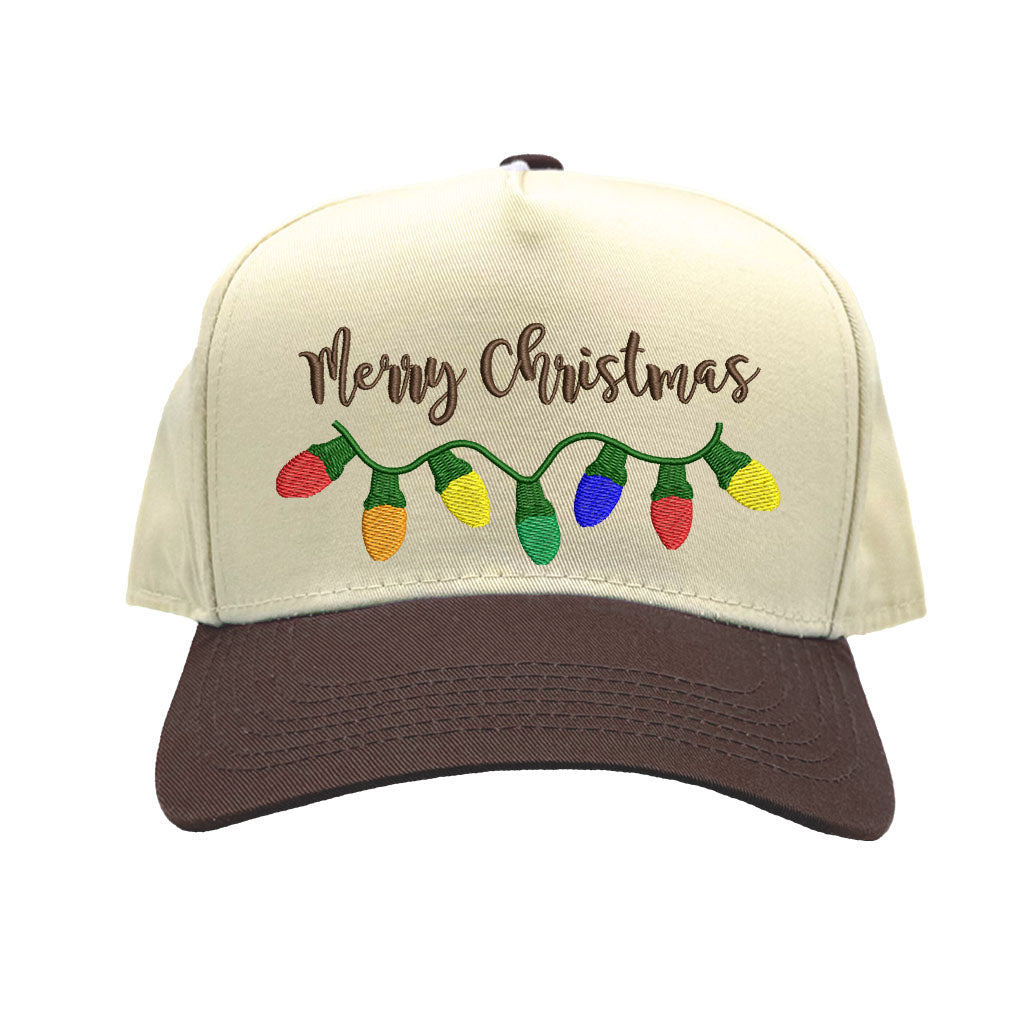 Natural Brown Merry Christmas Lights Two Tone 5-Panel Embroidered Baseball Hat featuring colorful Christmas light embroidery and snapback closure – DSY Lifestyle