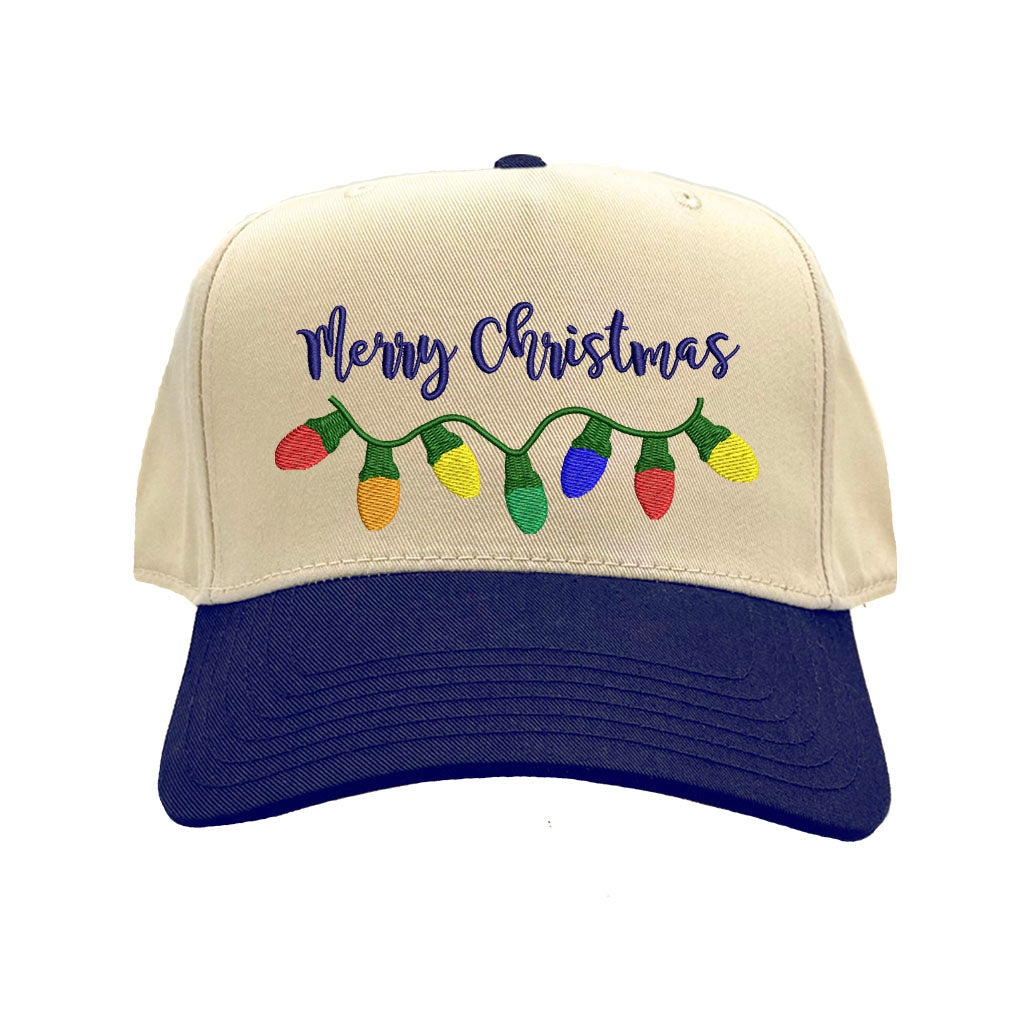 Natural Navy Blue Merry Christmas Lights Two Tone 5-Panel Embroidered Baseball Hat featuring colorful Christmas light embroidery and snapback closure – DSY Lifestyle