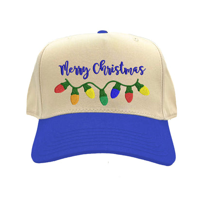 Natural Royal Blue Merry Christmas Lights Two Tone 5-Panel Embroidered Baseball Hat featuring colorful Christmas light embroidery and snapback closure – DSY Lifestyle