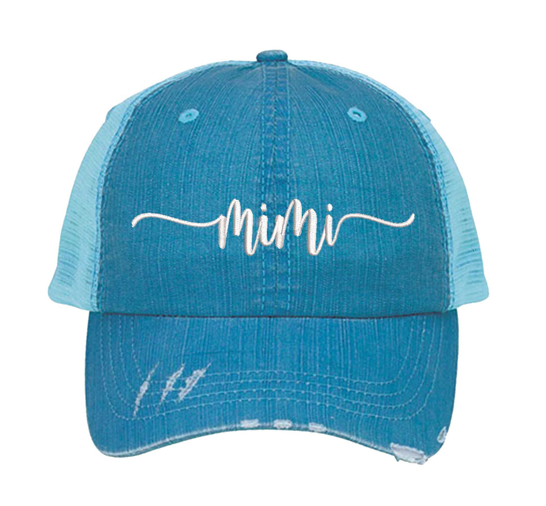 Aqua Mimi Distressed Trucker Hat. This premium vintage-style cap is the perfect gift for the unapologetically bold, featuring a breathable mesh back and custom embroidery. - DSY Lifestyle