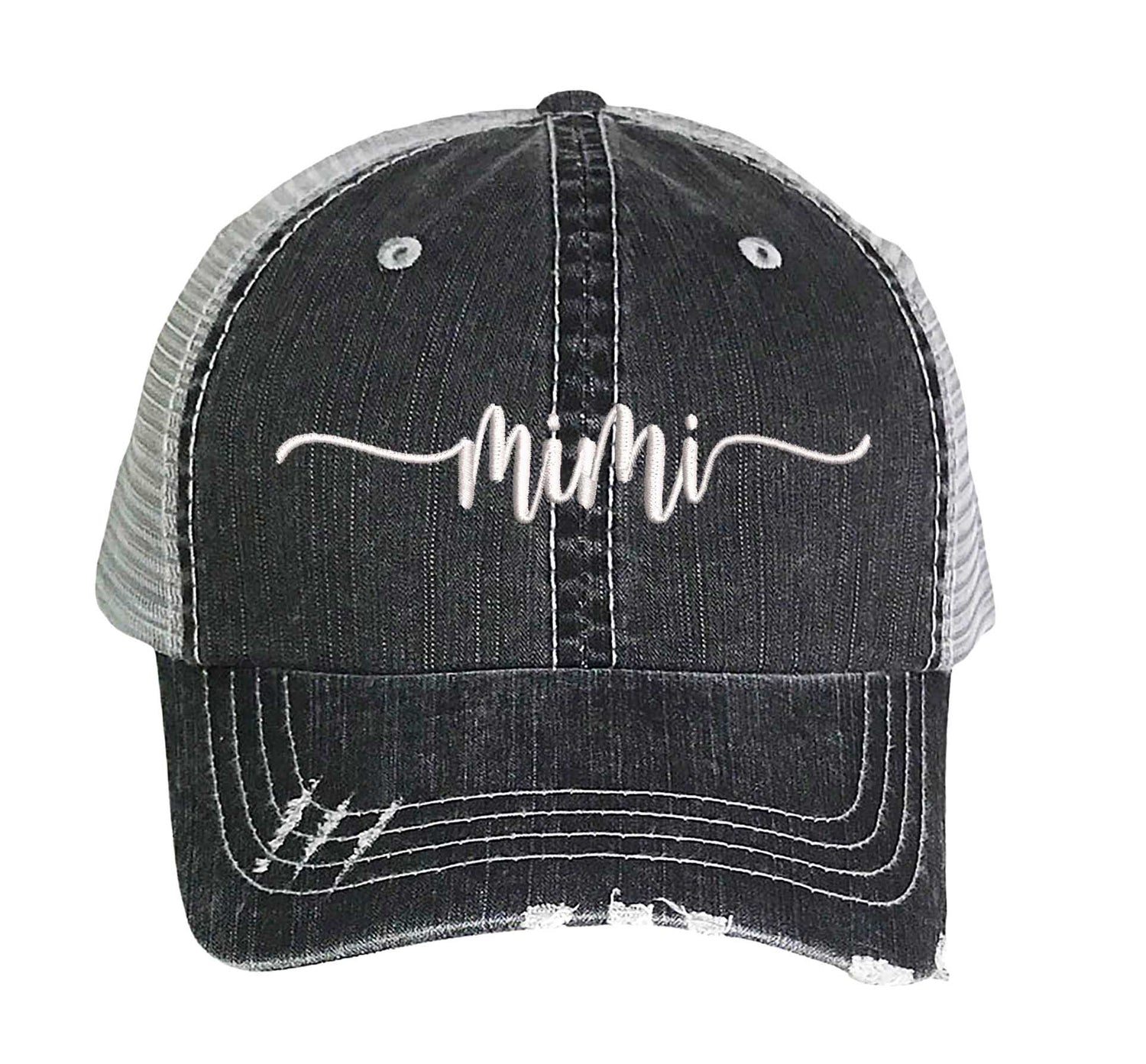 Black Mimi Distressed Trucker Hat. This premium vintage-style cap is the perfect gift for the unapologetically bold, featuring a breathable mesh back and custom embroidery. - DSY Lifestyle