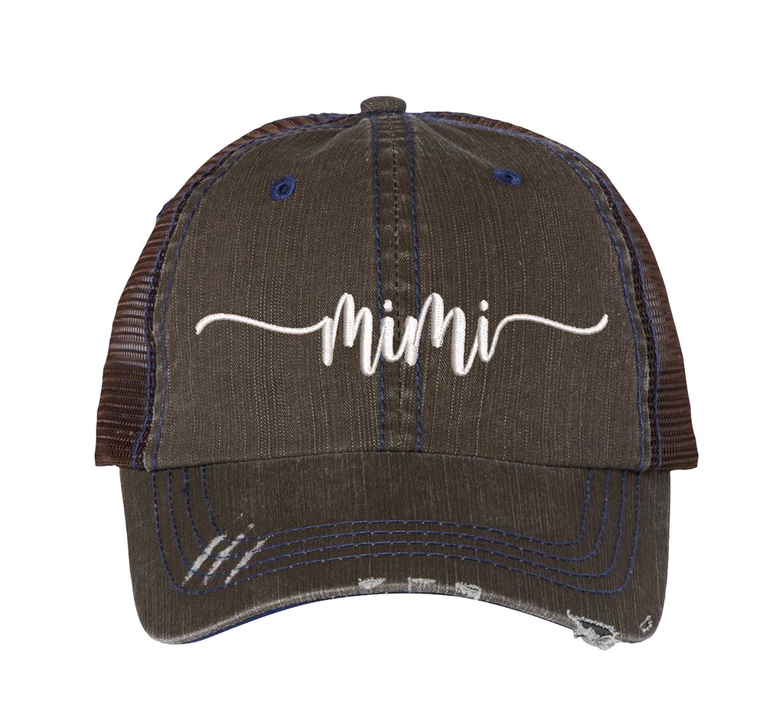 Brown Mimi Distressed Trucker Hat. This premium vintage-style cap is the perfect gift for the unapologetically bold, featuring a breathable mesh back and custom embroidery. - DSY Lifestyle