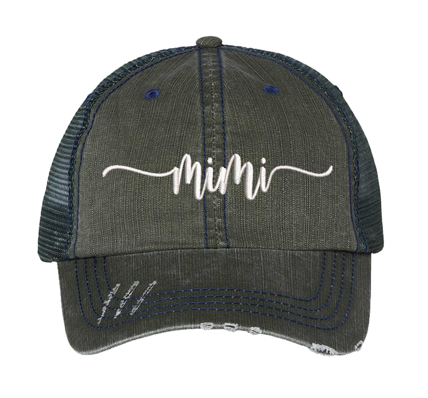 Dark Green Mimi Distressed Trucker Hat. This premium vintage-style cap is the perfect gift for the unapologetically bold, featuring a breathable mesh back and custom embroidery. - DSY Lifestyle