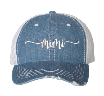 Denim Mimi Distressed Trucker Hat. This premium vintage-style cap is the perfect gift for the unapologetically bold, featuring a breathable mesh back and custom embroidery. - DSY Lifestyle