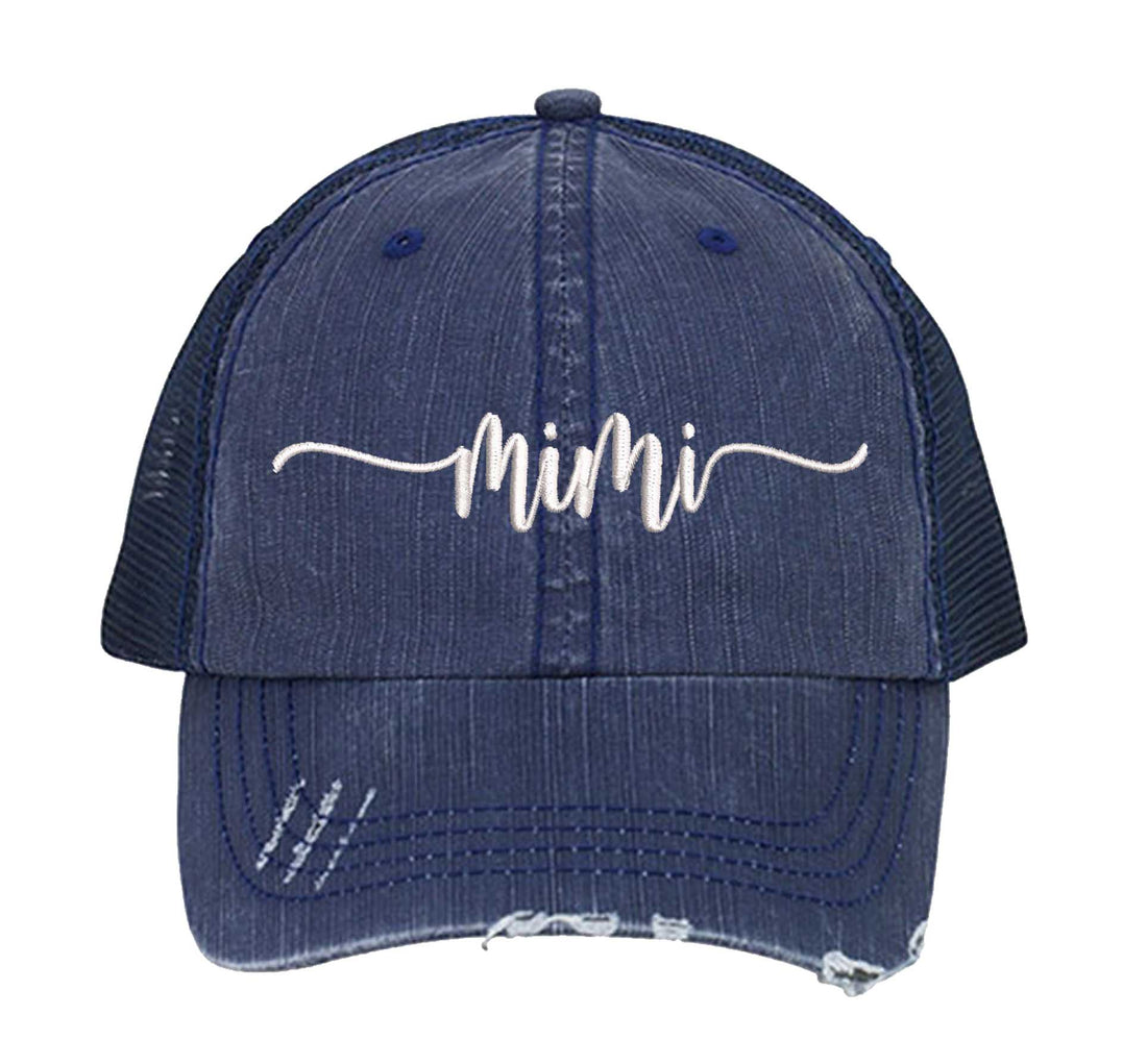 Navy Blue Mimi Distressed Trucker Hat. This premium vintage-style cap is the perfect gift for the unapologetically bold, featuring a breathable mesh back and custom embroidery. - DSY Lifestyle