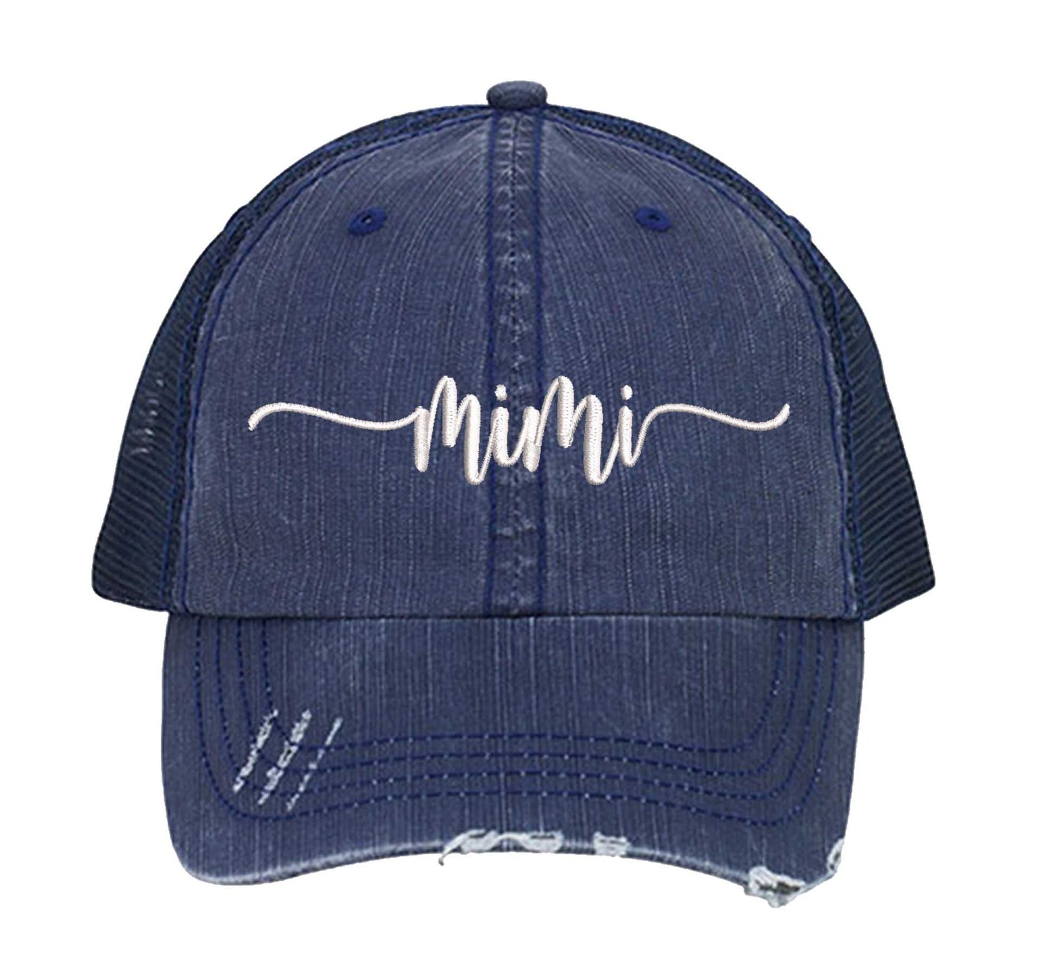 Navy Blue Mimi Distressed Trucker Hat. This premium vintage-style cap is the perfect gift for the unapologetically bold, featuring a breathable mesh back and custom embroidery. - DSY Lifestyle