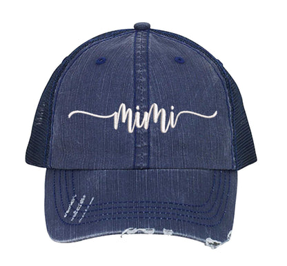 Navy Blue Mimi Distressed Trucker Hat. This premium vintage-style cap is the perfect gift for the unapologetically bold, featuring a breathable mesh back and custom embroidery. - DSY Lifestyle