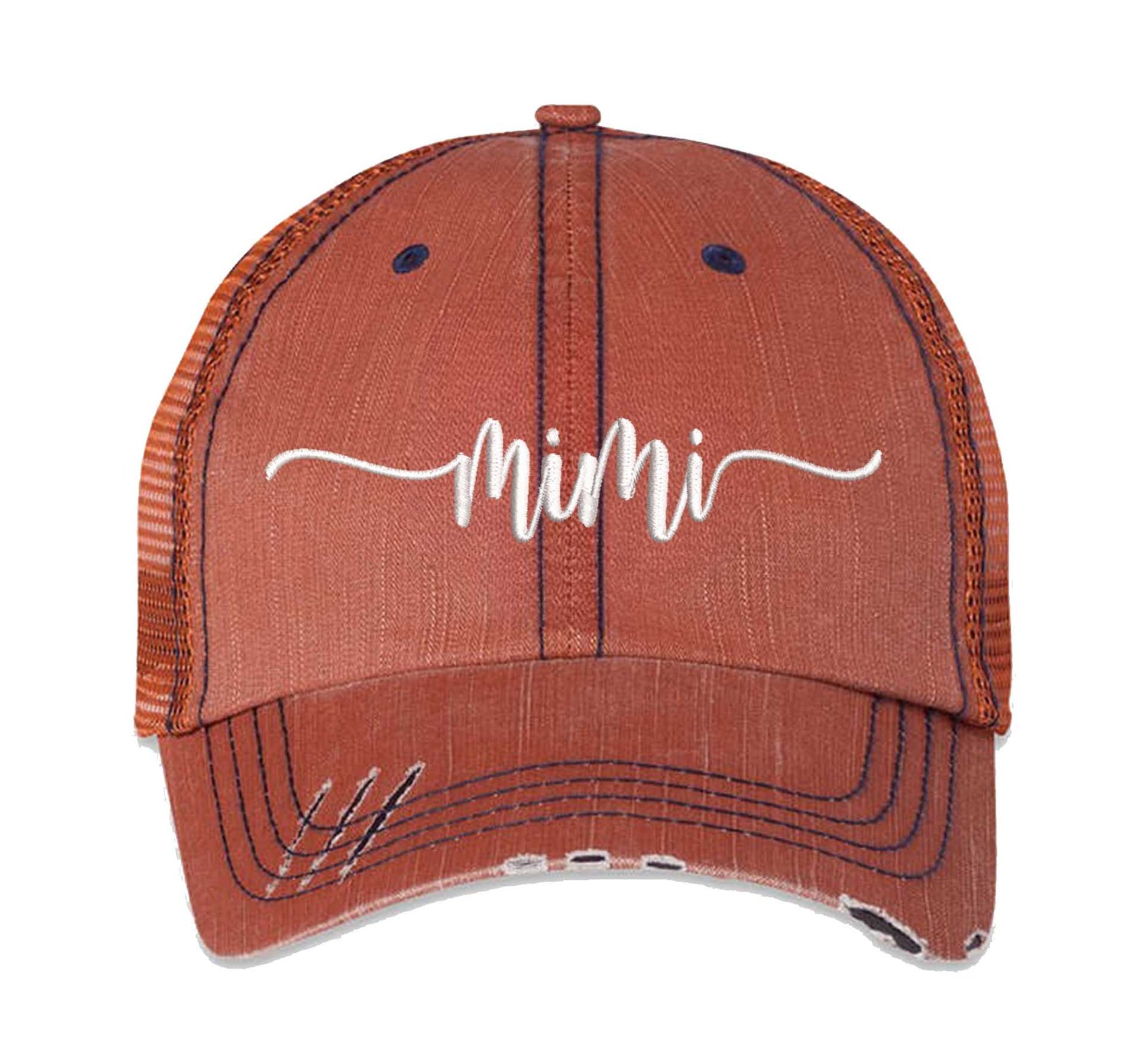 Orange Mimi Distressed Trucker Hat. This premium vintage-style cap is the perfect gift for the unapologetically bold, featuring a breathable mesh back and custom embroidery. - DSY Lifestyle