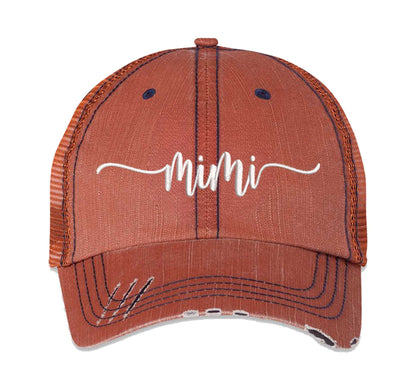 Orange Mimi Distressed Trucker Hat. This premium vintage-style cap is the perfect gift for the unapologetically bold, featuring a breathable mesh back and custom embroidery. - DSY Lifestyle