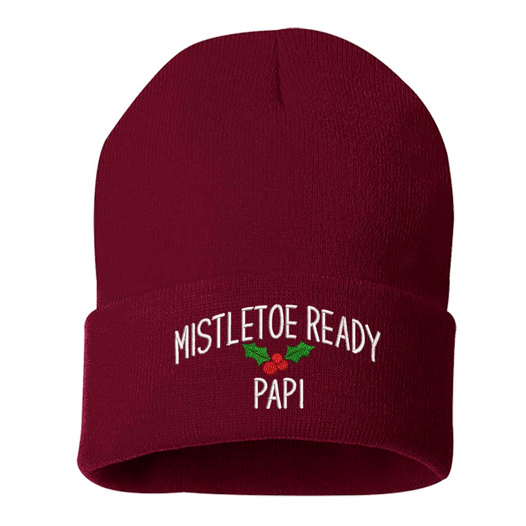A cozy knit Burgundy beanie embroidered with "Mistletoe Ready, Papi," perfect for flirty Spanglish holiday vibes and festive winter outfits - DSY Lifestyle