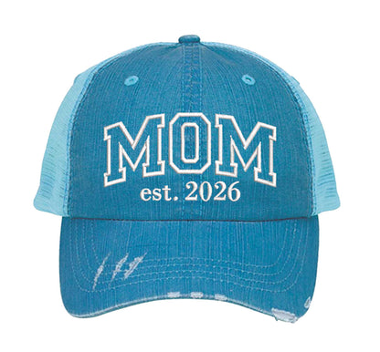 Aqua MOM Est. 2026 Distressed Trucker Hat. This premium vintage-style cap is the perfect gift for the unapologetically bold, featuring a breathable mesh back and custom embroidery. - DSY Lifestyle