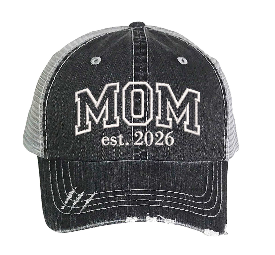 Black MOM Est. 2026 Distressed Trucker Hat. This premium vintage-style cap is the perfect gift for the unapologetically bold, featuring a breathable mesh back and custom embroidery. - DSY Lifestyle