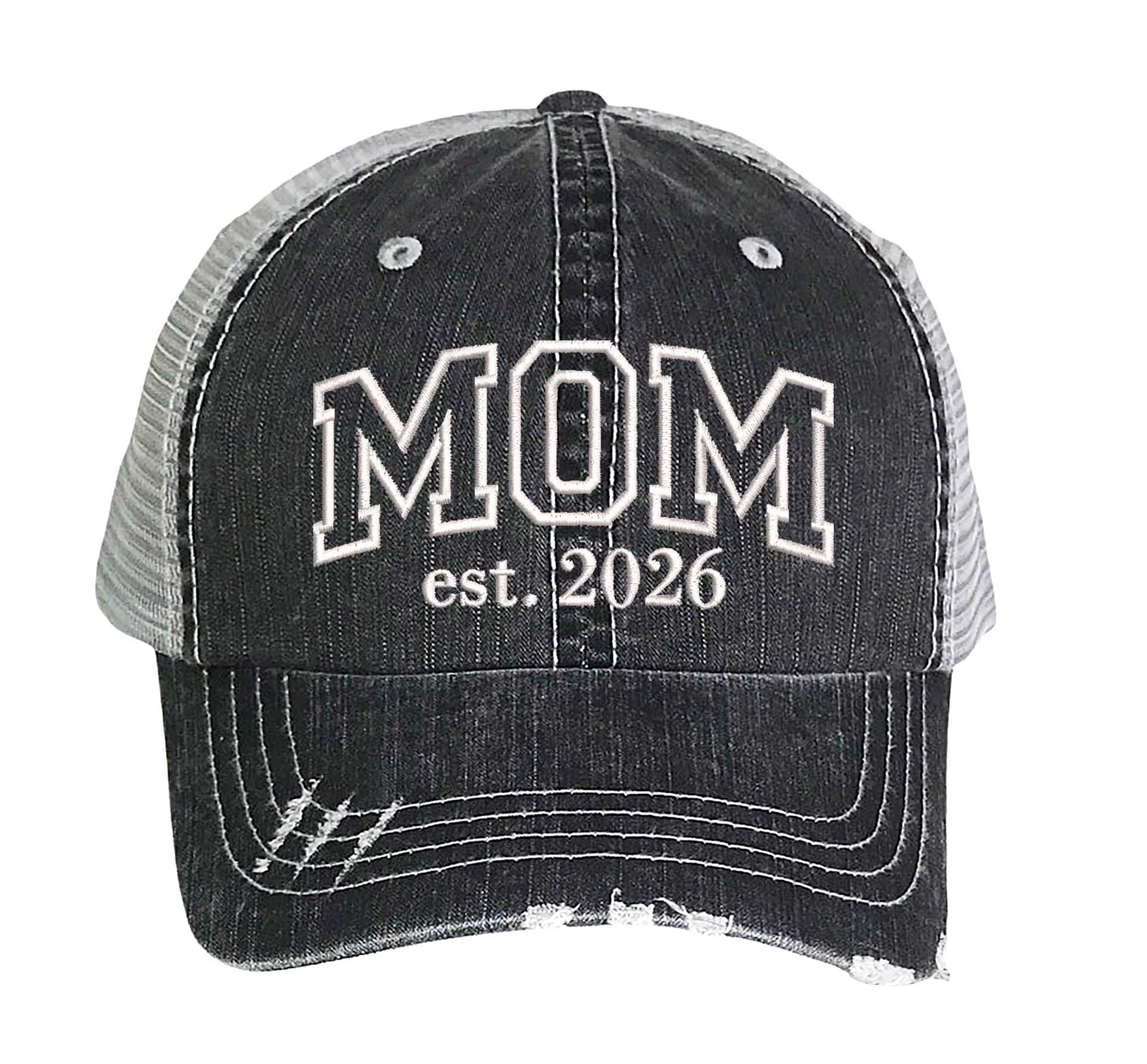 Black MOM Est. 2026 Distressed Trucker Hat. This premium vintage-style cap is the perfect gift for the unapologetically bold, featuring a breathable mesh back and custom embroidery. - DSY Lifestyle