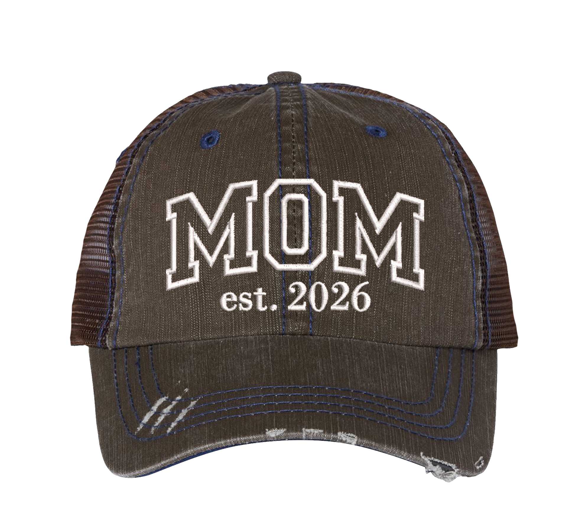Brown MOM Est. 2026 Distressed Trucker Hat. This premium vintage-style cap is the perfect gift for the unapologetically bold, featuring a breathable mesh back and custom embroidery. - DSY Lifestyle