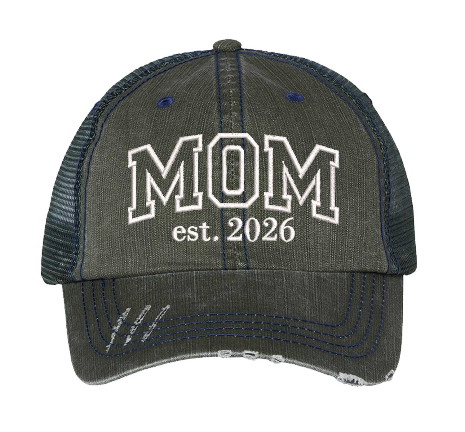Dark Green MOM Est. 2026 Distressed Trucker Hat. This premium vintage-style cap is the perfect gift for the unapologetically bold, featuring a breathable mesh back and custom embroidery. - DSY Lifestyle
