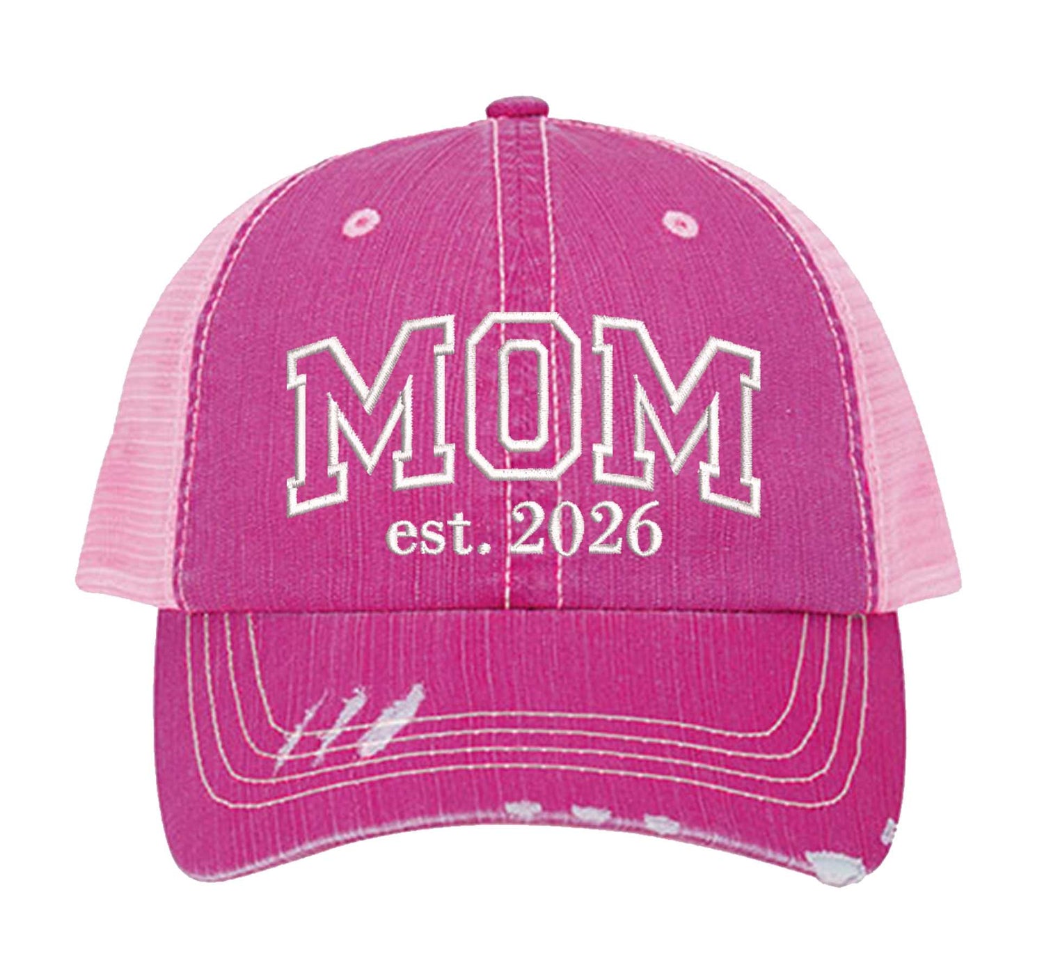 HOT Pink MOM Est. 2026 Distressed Trucker Hat. This premium vintage-style cap is the perfect gift for the unapologetically bold, featuring a breathable mesh back and custom embroidery. - DSY Lifestyle