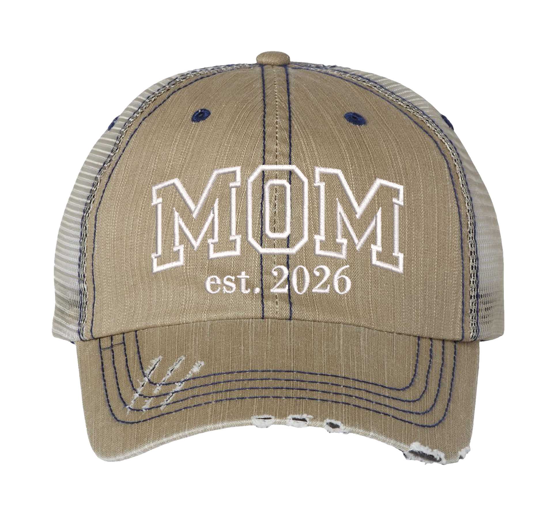 Khaki MOM Est. 2026 Distressed Trucker Hat. This premium vintage-style cap is the perfect gift for the unapologetically bold, featuring a breathable mesh back and custom embroidery. - DSY Lifestyle