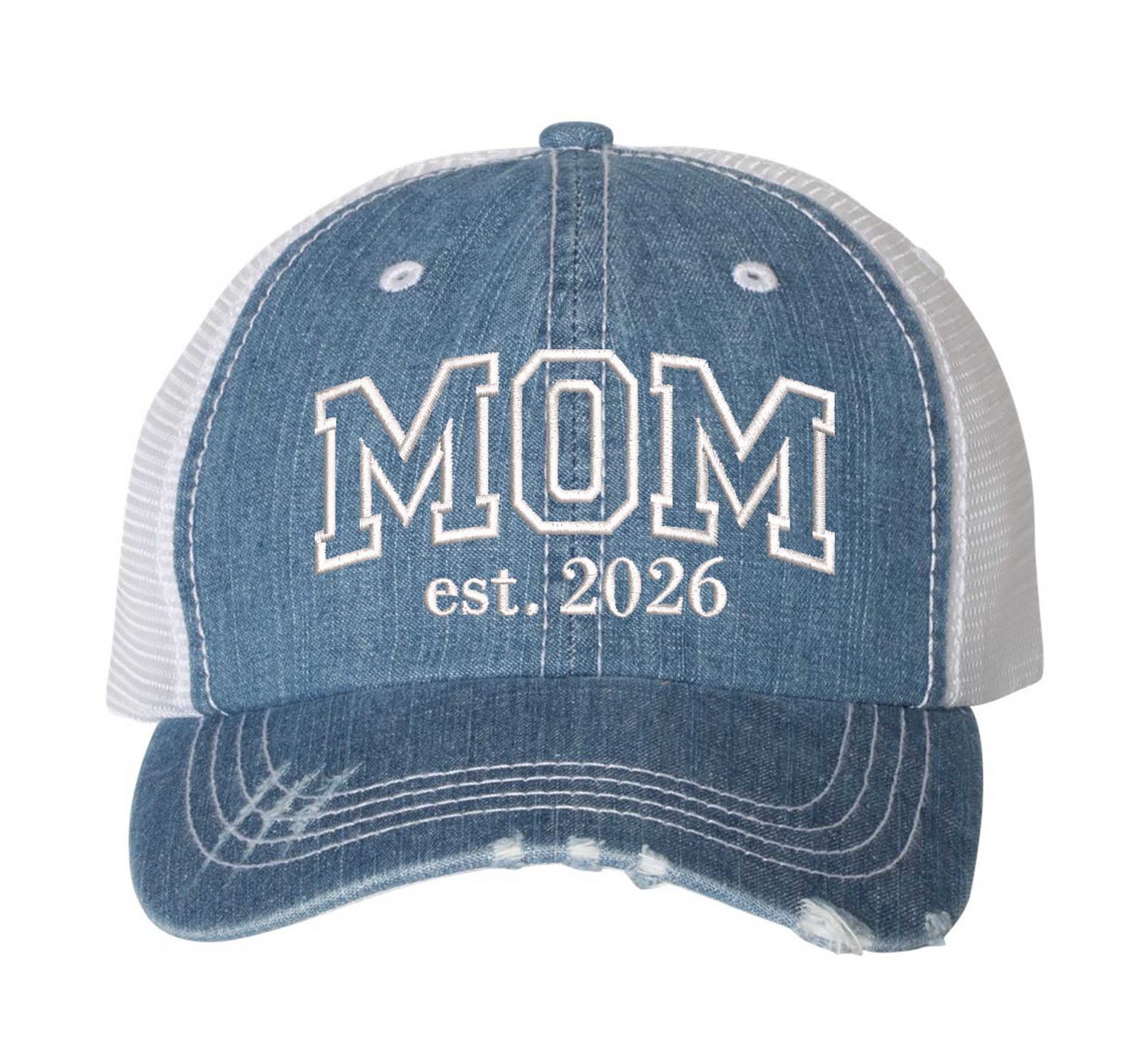 Denim MOM Est. 2026 Distressed Trucker Hat. This premium vintage-style cap is the perfect gift for the unapologetically bold, featuring a breathable mesh back and custom embroidery. - DSY Lifestyle