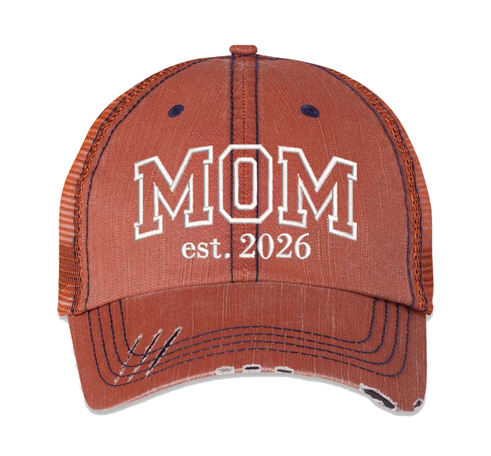 Orange MOM Est. 2026 Distressed Trucker Hat. This premium vintage-style cap is the perfect gift for the unapologetically bold, featuring a breathable mesh back and custom embroidery. - DSY Lifestyle
