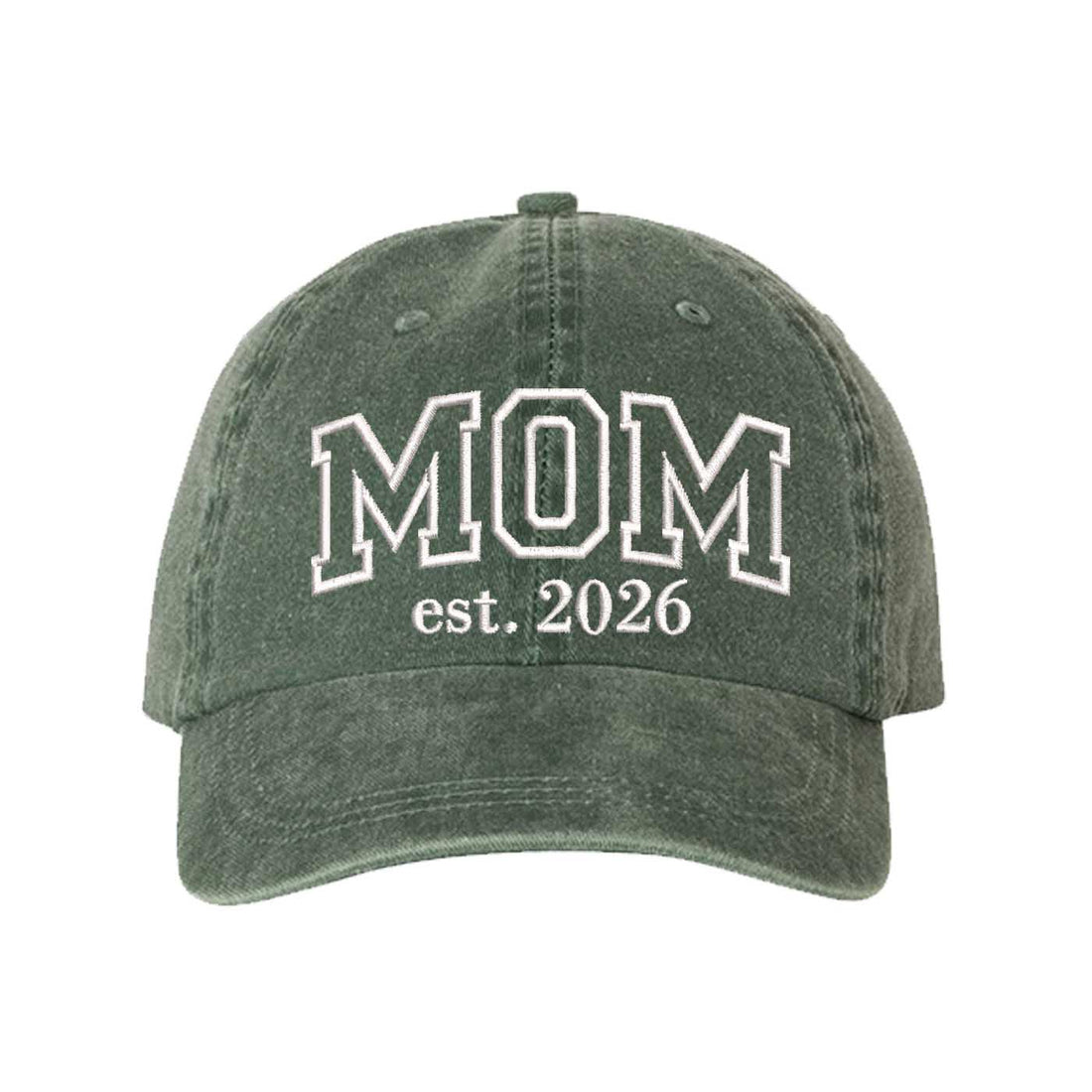 Dark Green MOM Est. 2026 Washed Statement Baseball Hat – a washed, relaxed-fit statement cap designed for everyday comfort and real-life moods. Trendy, adjustable, and effortlessly stylish. - DSY Lifestyle