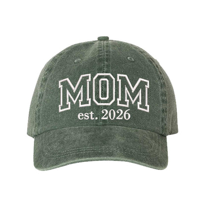 Dark Green MOM Est. 2026 Washed Statement Baseball Hat – a washed, relaxed-fit statement cap designed for everyday comfort and real-life moods. Trendy, adjustable, and effortlessly stylish. - DSY Lifestyle