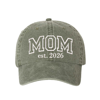 Olive Green MOM Est. 2026 Washed Statement Baseball Hat – a washed, relaxed-fit statement cap designed for everyday comfort and real-life moods. Trendy, adjustable, and effortlessly stylish. - DSY Lifestyle