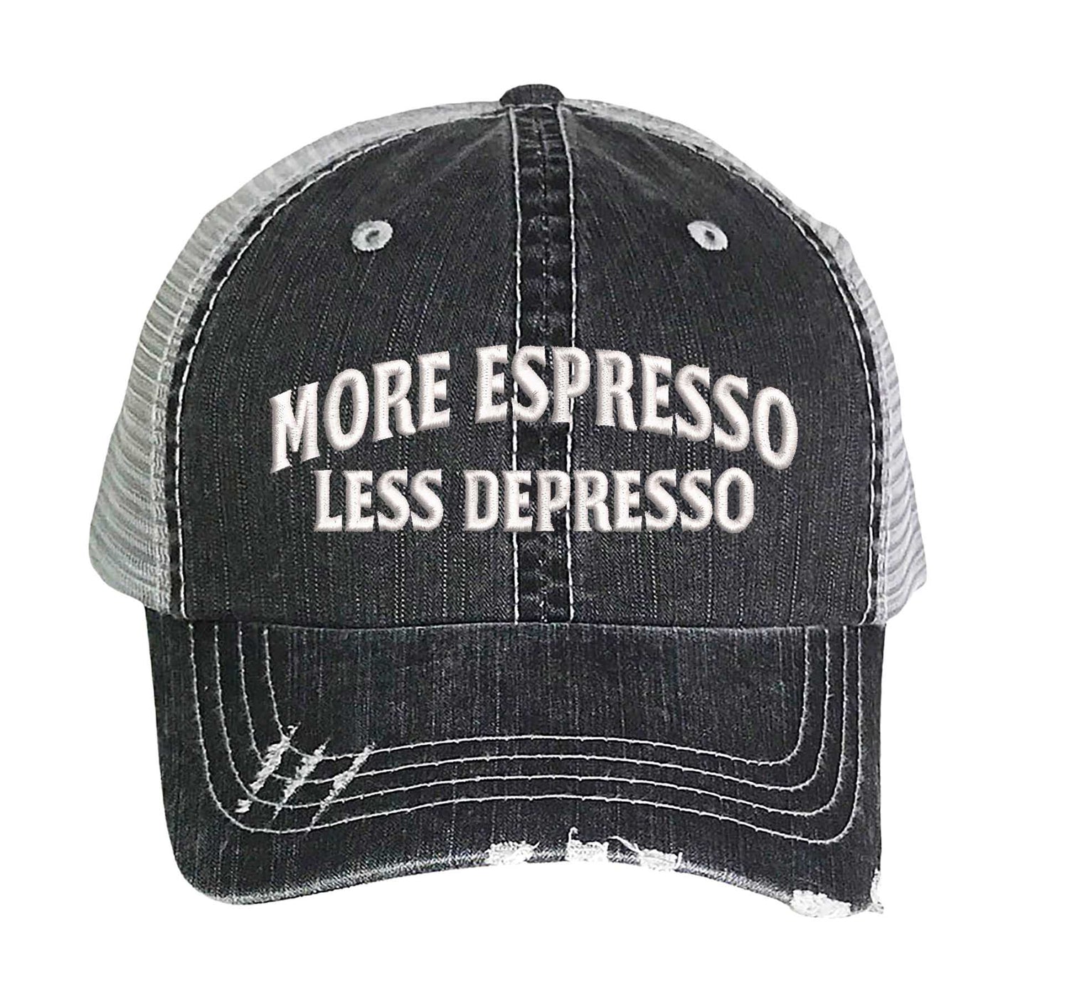 Black More Espresso Less Depresso Distressed Trucker Hat. This premium vintage-style cap is the perfect gift for the unapologetically bold, featuring a breathable mesh back and custom embroidery. - DSY Lifestyle