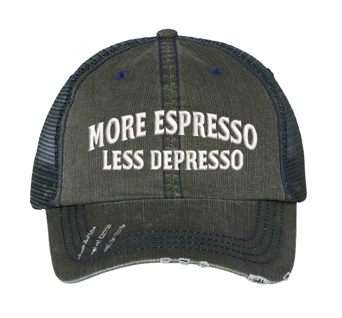 Dark Green More Espresso Less Depresso Distressed Trucker Hat. This premium vintage-style cap is the perfect gift for the unapologetically bold, featuring a breathable mesh back and custom embroidery. - DSY Lifestyle