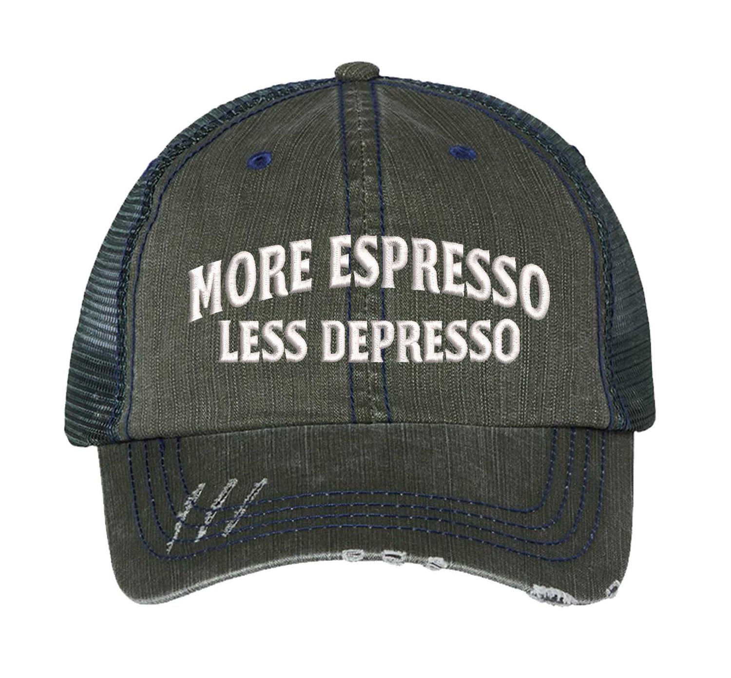 Dark Green More Espresso Less Depresso Distressed Trucker Hat. This premium vintage-style cap is the perfect gift for the unapologetically bold, featuring a breathable mesh back and custom embroidery. - DSY Lifestyle