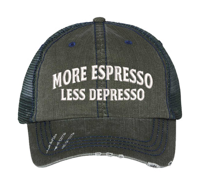 Dark Green More Espresso Less Depresso Distressed Trucker Hat. This premium vintage-style cap is the perfect gift for the unapologetically bold, featuring a breathable mesh back and custom embroidery. - DSY Lifestyle