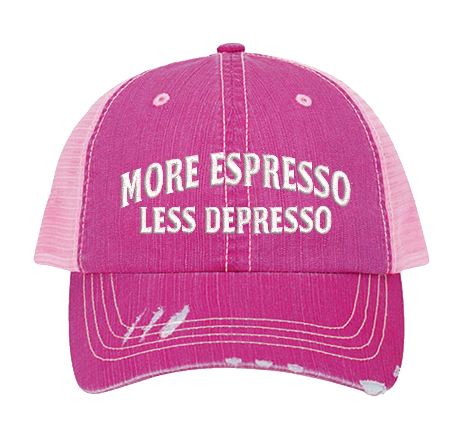 HOT Pink More Espresso Less Depresso Distressed Trucker Hat. This premium vintage-style cap is the perfect gift for the unapologetically bold, featuring a breathable mesh back and custom embroidery. - DSY Lifestyle