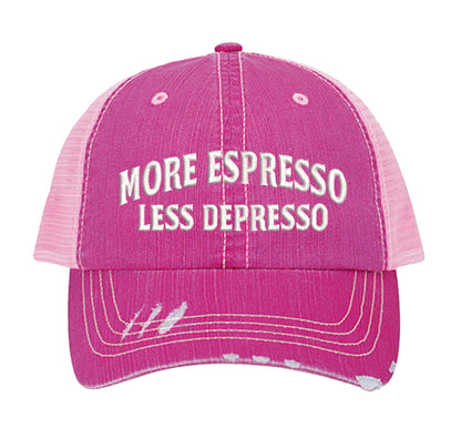 HOT Pink More Espresso Less Depresso Distressed Trucker Hat. This premium vintage-style cap is the perfect gift for the unapologetically bold, featuring a breathable mesh back and custom embroidery. - DSY Lifestyle